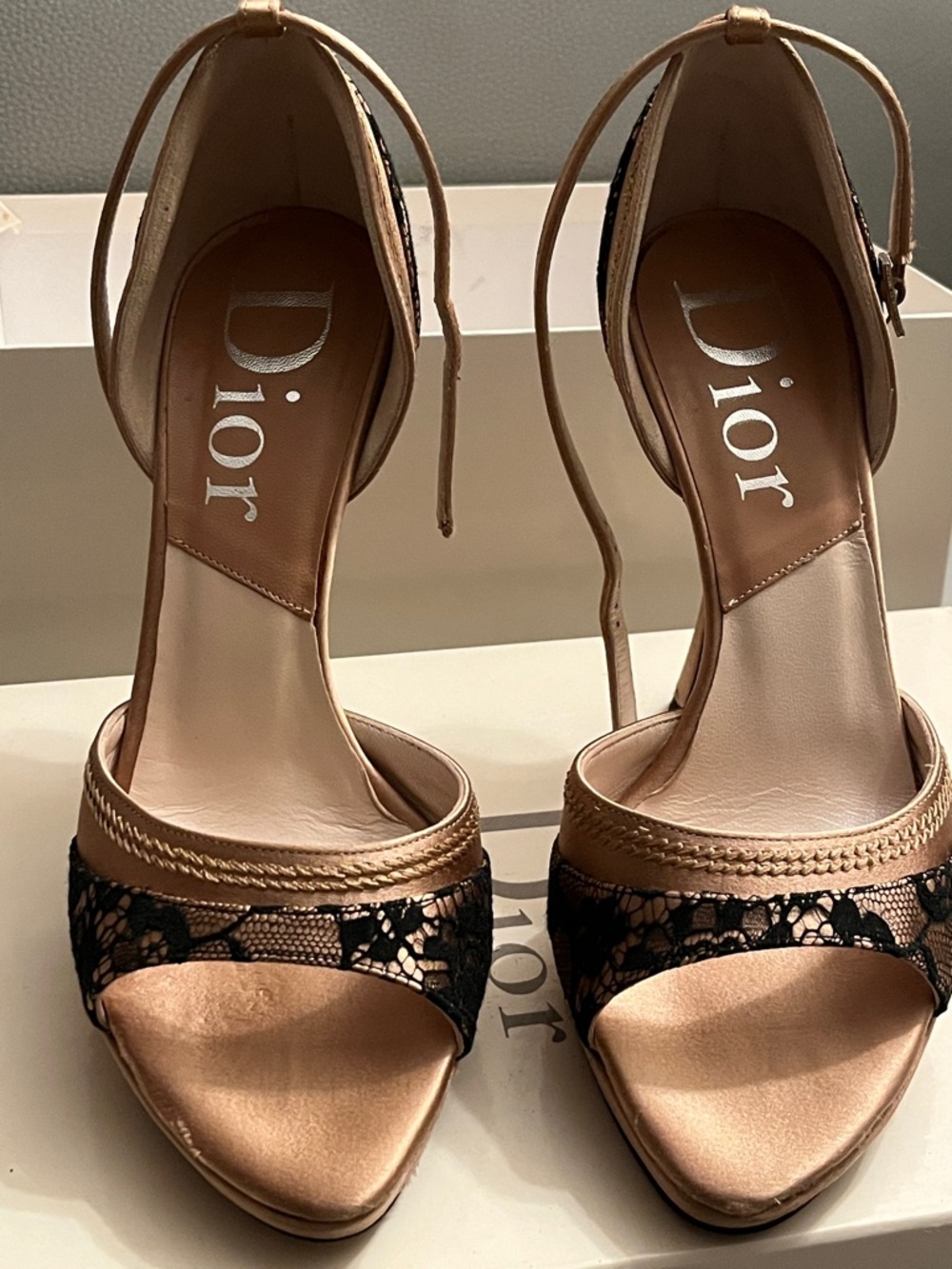 Dior Champagne Satin Heels with Black Lace Accent